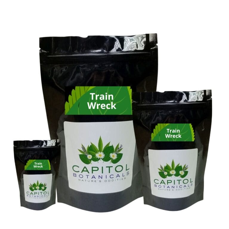 A image or 3 different sizes of Train Wreck Kratom by Capitol Botanicals