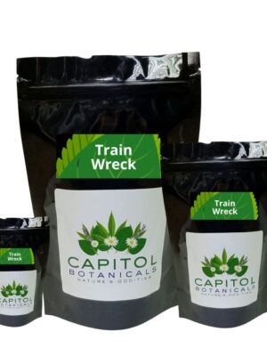 A image or 3 different sizes of Train Wreck Kratom by Capitol Botanicals